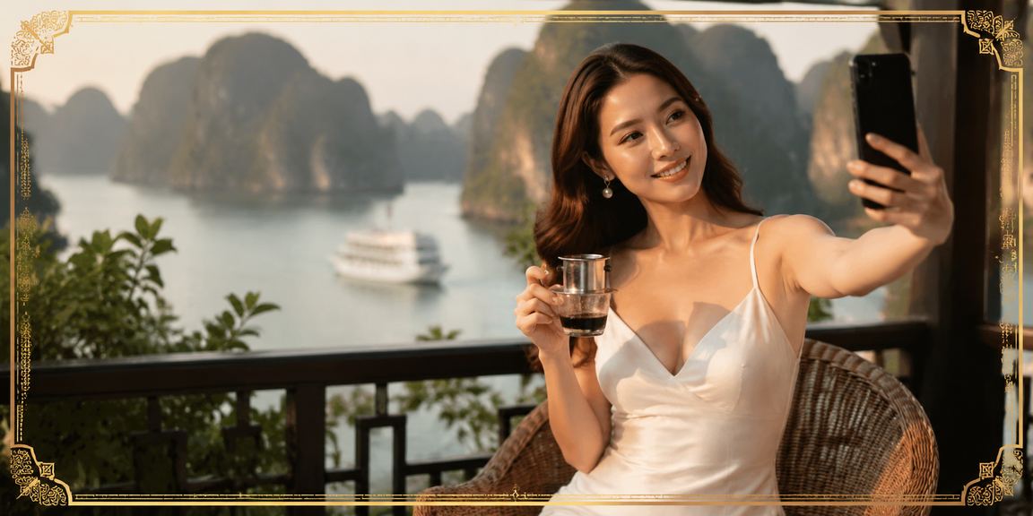 Khách du lịch tại vịnh Hạ Long mở điện thoại kiểm tra kết quả cá cược thể thao buổi sáng