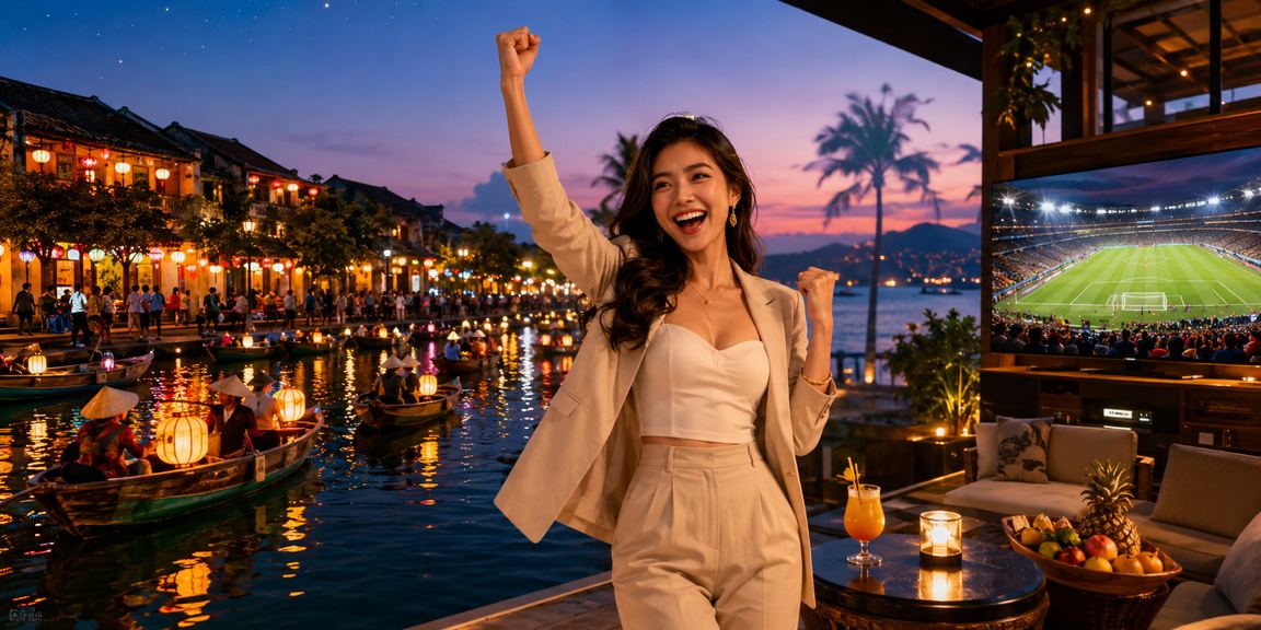 Khung cảnh đèn lồng Hội An lung linh bên cạnh màn hình hiển thị thông tin nạp tiền và nhận bonus