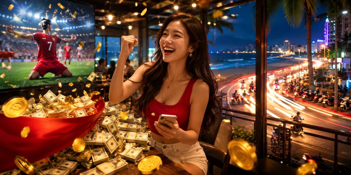 Người dùng Vũng Tàu nhâm nhi cà phê bên bờ biển và kiểm tra cashback bonus trên điện thoại